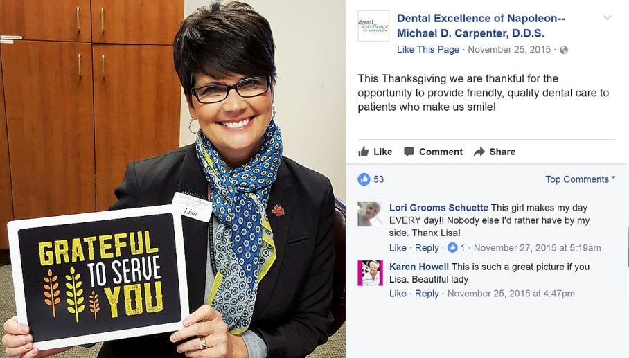 A dental practice team member shows gratitude for patients